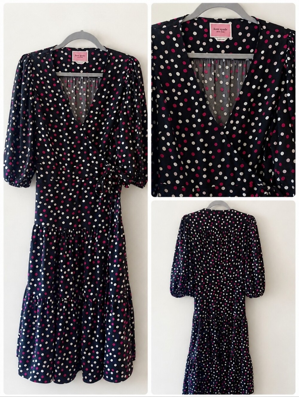 Kate Spade Glimmer Dot Wrap Midi Dress | Black Pink Polka Dot | Large | Like New - Picture 9 of 14